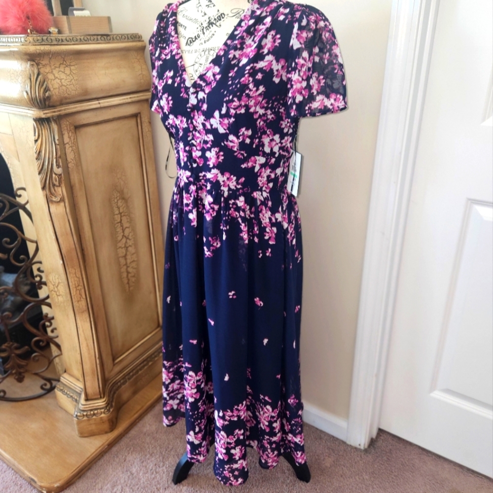 DKNY Floral Navy and Pink Dress
